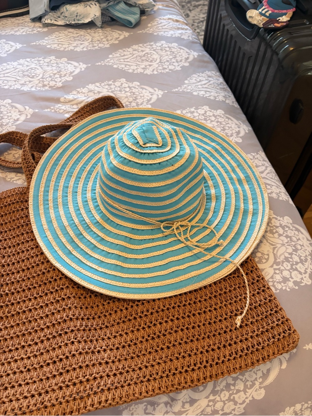 Striped Turquoise & Cream Wide-Brim Sun Hat